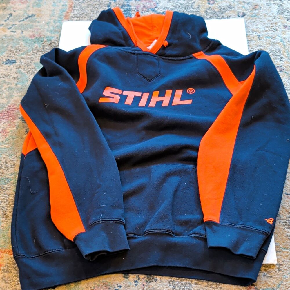 STIHL Graphic Logo Print Pullover Fleece Hoodie Black/Orange Mens L